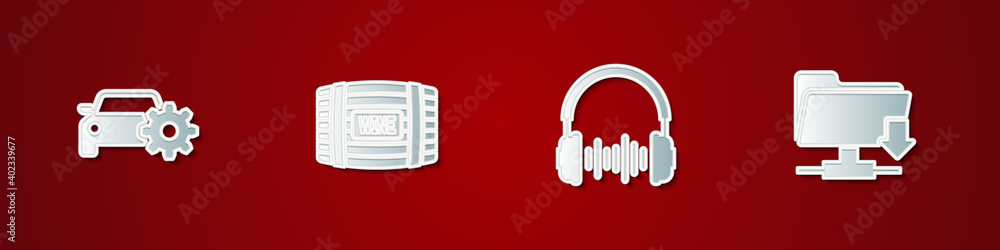 Set Car service, Wooden barrel for wine, Headphone and sound waves and FTP folder download icon. Vector. Set Car service, Wooden barrel for wine, Headphone and sound waves and FTP folder download icon. Vector.