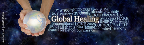 Schilderij op canvas Predicting Global healing via crystal Ball word cloud  - female hands holding a