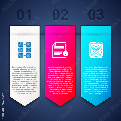Set Mining farm, Smart contract and ASIC Miner. Business infographic template. Vector.