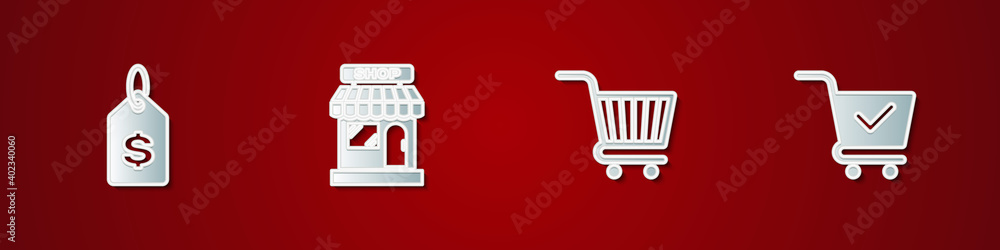 Set Price tag with dollar, Market store, Shopping cart and check mark icon. Vector.