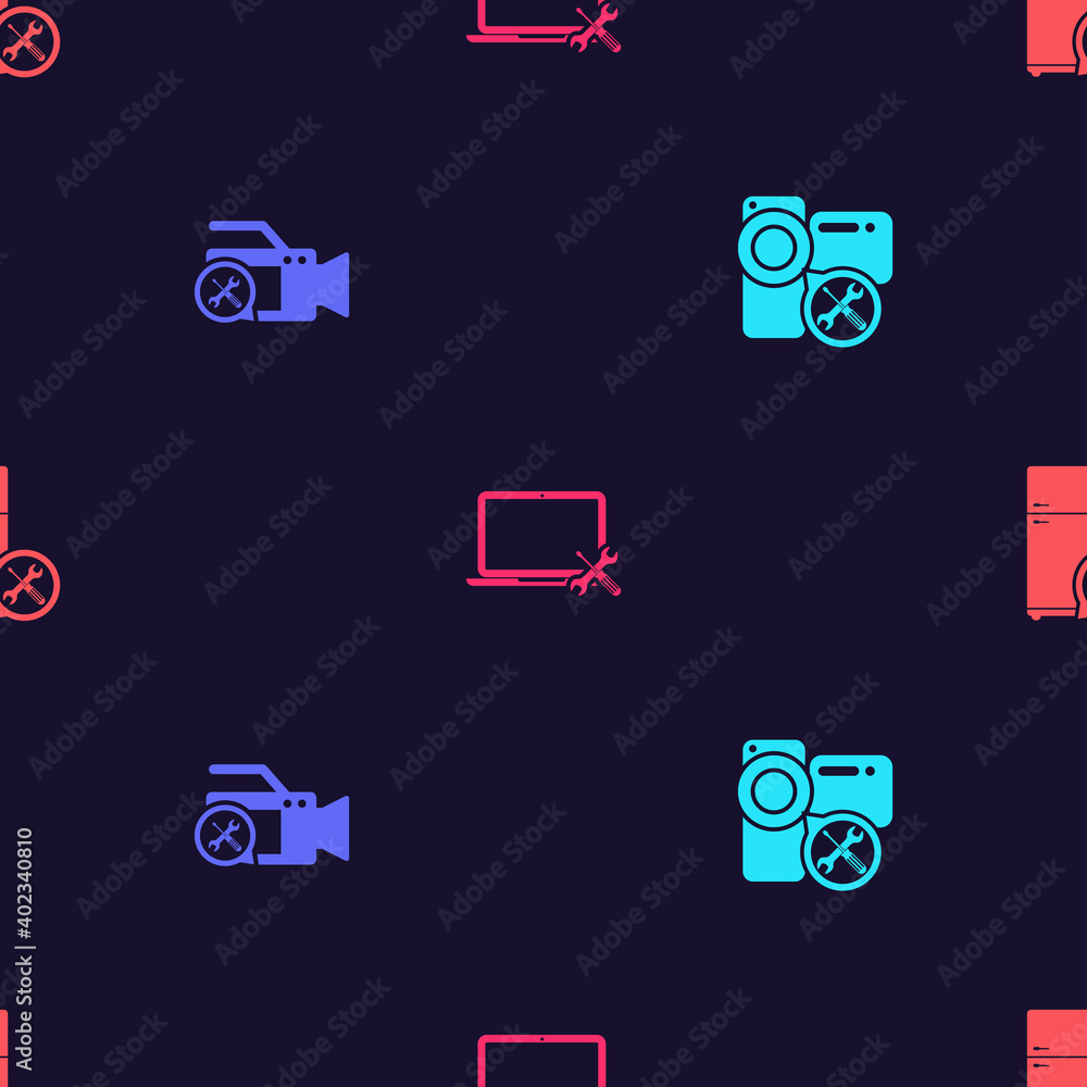 Set Video camera service, , Laptop and Refrigerator on seamless pattern. Vector. Set Video camera service, , Laptop and Refrigerator on seamless pattern. Vector.