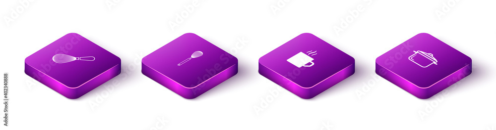 Set Isometric Kitchen whisk, , Coffee cup and Cooking pot icon. Vector. Set Isometric Kitchen whisk, , Coffee cup and Cooking pot icon. Vector.