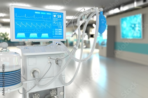 ICU artificial lung ventilator with fictive design in bright clinic with selective focus - heal coronavirus concept, medical 3D illustration