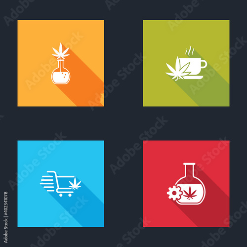 Set Test tube with marijuana, Cup tea, Shopping cart and icon. Vector.