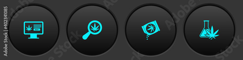 Set Online buying marijuana, Magnifying glass and, Marijuana or cannabis seeds and Test tube with icon. Vector.