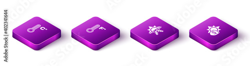 Set Isometric Meteorology thermometer, , Sun and snowflake and UV protection icon. Vector.