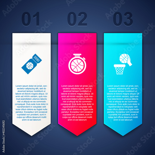 Set Basketball game ticket, Stopwatch with basketball and and. Business infographic template. Vector.