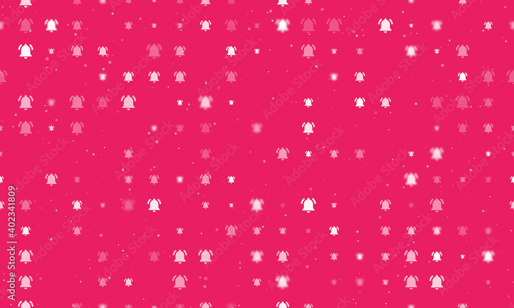 Seamless background pattern of evenly spaced white bell symbols of different sizes and opacity. Vector illustration on pink background with stars Seamless background pattern of evenly spaced white bell symbols of different sizes and opacity. Vector illustration on pink background with stars