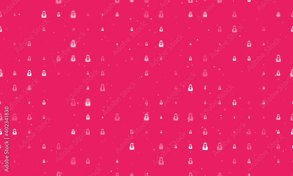 Seamless background pattern of evenly spaced white business woman symbols of different sizes and opacity. Vector illustration on pink background with stars Seamless background pattern of evenly spaced white business woman symbols of different sizes and opacity. Vector illustration on pink background with stars