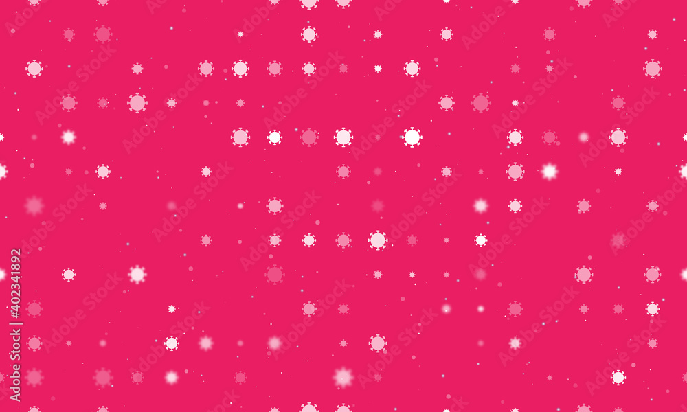 Seamless background pattern of evenly spaced white coronavirus symbols of different sizes and opacity. Vector illustration on pink background with stars