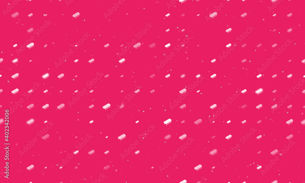 Seamless background pattern of evenly spaced white integrated circuit symbols of different sizes and opacity. Vector illustration on pink background with stars