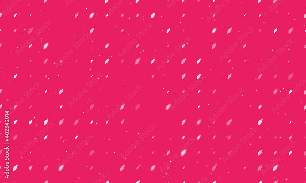 Seamless background pattern of evenly spaced white leaflet symbols of different sizes and opacity. Vector illustration on pink background with stars