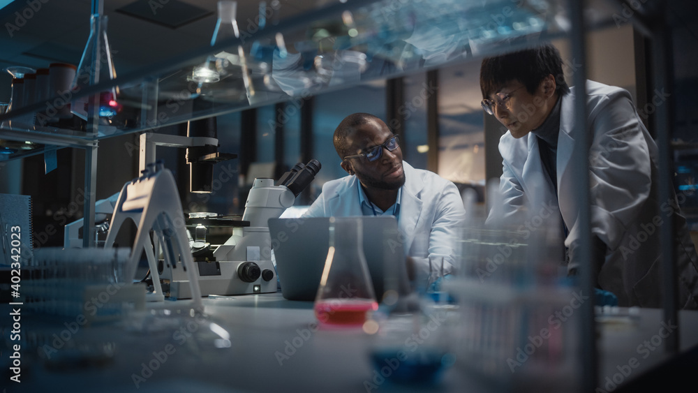 Foto Stock Modern Medical Research Laboratory: East Asian and Black  Scientists Work on Laptop, Do Data Analysis, Talk. Advanced Scientific  Pharmaceutical Lab for Medicine, Biotechnology Development. Evening Time |  Adobe Stock