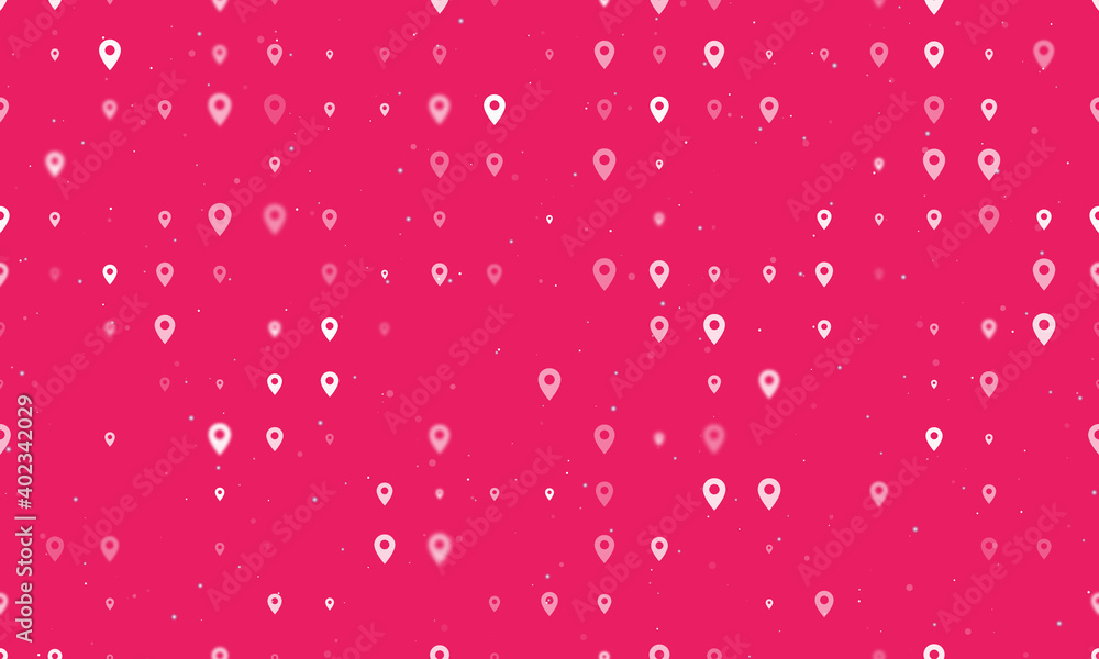 Seamless background pattern of evenly spaced white location symbols of different sizes and opacity. Vector illustration on pink background with stars Seamless background pattern of evenly spaced white location symbols of different sizes and opacity. Vector illustration on pink background with stars