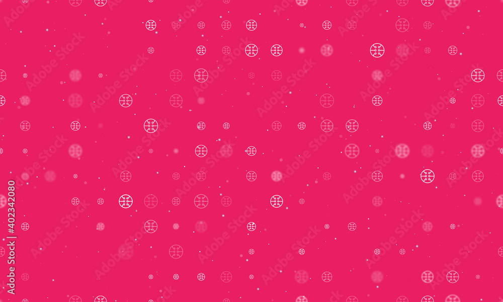 Seamless background pattern of evenly spaced white microcircuit symbols of different sizes and opacity. Vector illustration on pink background with stars