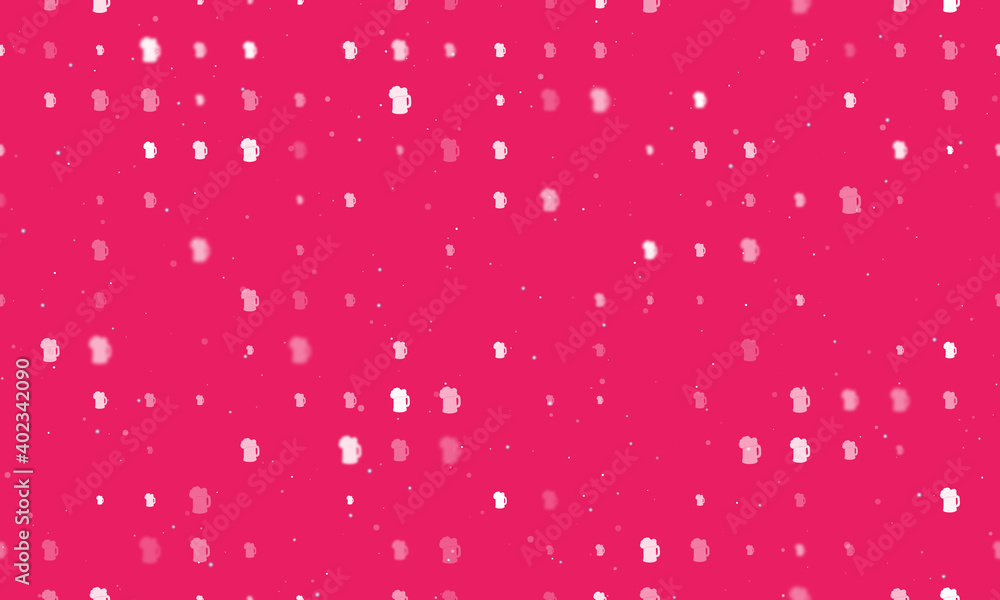 Seamless background pattern of evenly spaced white mug beer symbols of different sizes and opacity. Vector illustration on pink background with stars