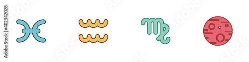 Set Pisces zodiac, Aquarius, Virgo and Planet Mars icon. Vector.