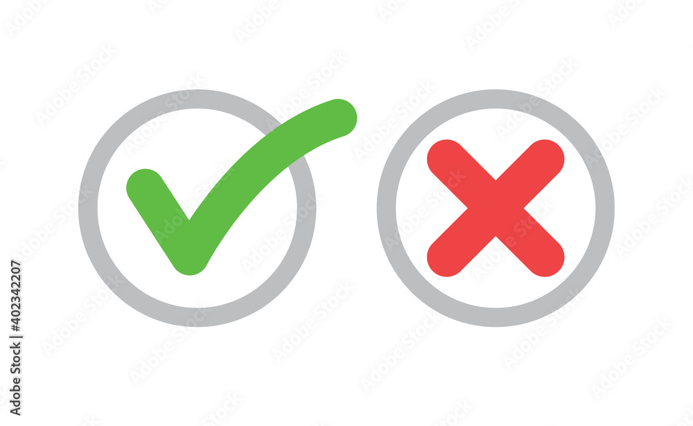 Check mark icons. Green tick and red x. Symbols of approval. Check mark icons. Green tick and red x. Symbols of approval.