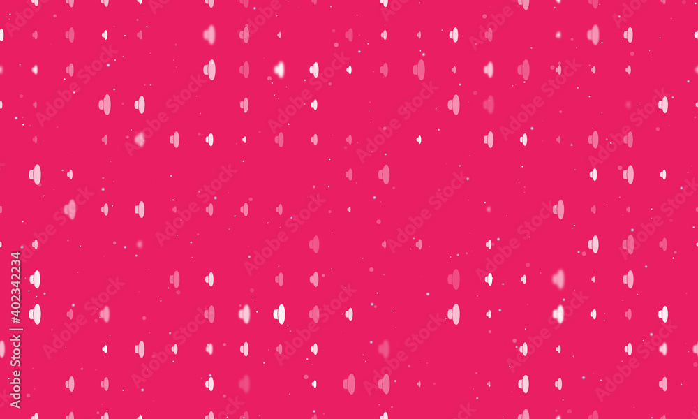 Seamless background pattern of evenly spaced white speaker symbols of different sizes and opacity. Vector illustration on pink background with stars Seamless background pattern of evenly spaced white speaker symbols of different sizes and opacity. Vector illustration on pink background with stars