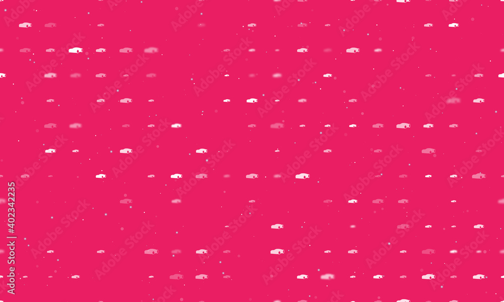 Seamless background pattern of evenly spaced white sport car symbols of different sizes and opacity. Vector illustration on pink background with stars Seamless background pattern of evenly spaced white sport car symbols of different sizes and opacity. Vector illustration on pink background with stars