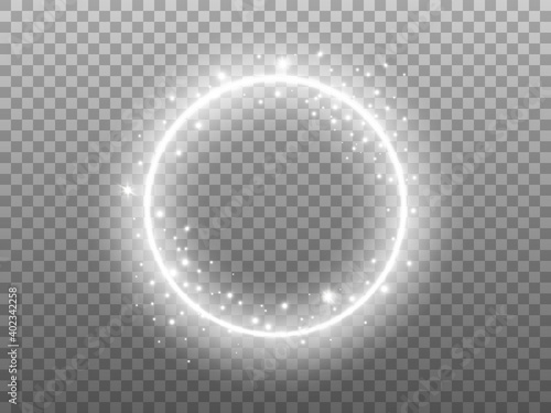 Circle shine on transparent backdrop. Glowing ring with glitter effect. Round silver frame and magic particles. Festive element with glittering stardust . Vector illustration