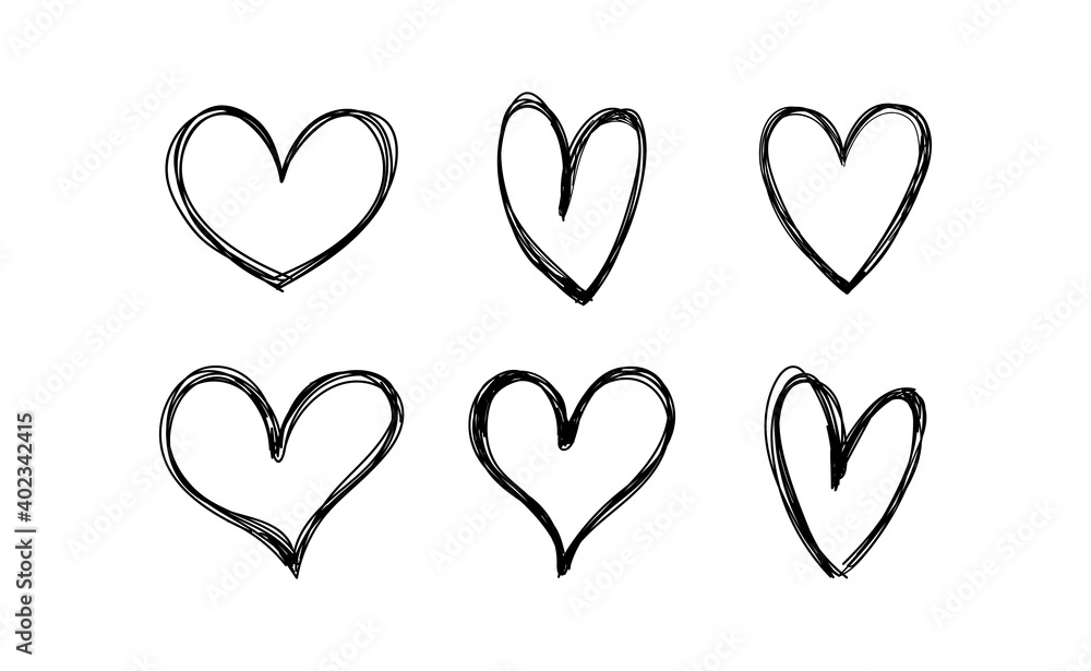 Heart doodles set. Hand drawn hearts collection. Valentine's day sketched design elements.