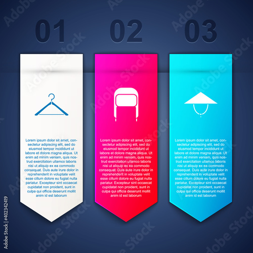 Set Hanger wardrobe, Winter hat with ear flaps and Asian conical. Business infographic template. Vector.