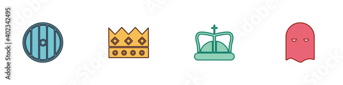 Set Round wooden shield, King crown, and Executioner mask icon. Vector.