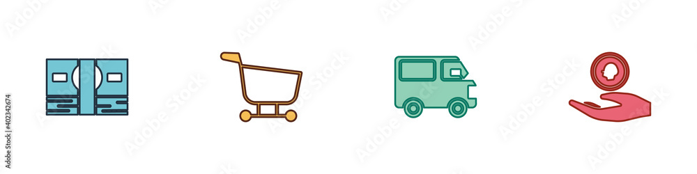 Set Stacks paper money cash, Shopping cart, Delivery cargo truck vehicle and Hand holding coin icon. Vector. Set Stacks paper money cash, Shopping cart, Delivery cargo truck vehicle and Hand holding coin icon. Vector.