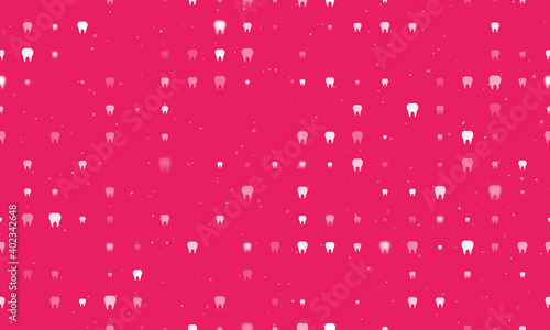 Seamless background pattern of evenly spaced white tooth symbols of different sizes and opacity. Vector illustration on pink background with stars
