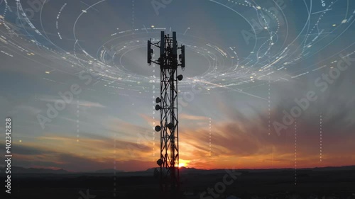 Telecommunication antenna tower 5G signal, concept motion graphics