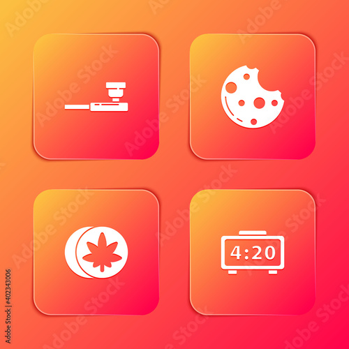 Set Smoking pipe, Cookies with marijuana, Herbal ecstasy tablets and Digital alarm clock icon. Vector.