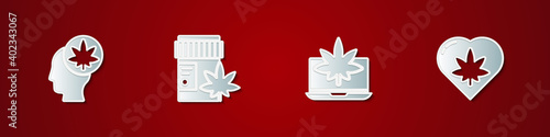 Set Head with marijuana or cannabis, Medical bottle, Laptop and and Marijuana leaf in heart icon. Vector.