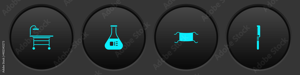 Set Operating table, Test tube and flask, Medical protective mask and saw icon. Vector.