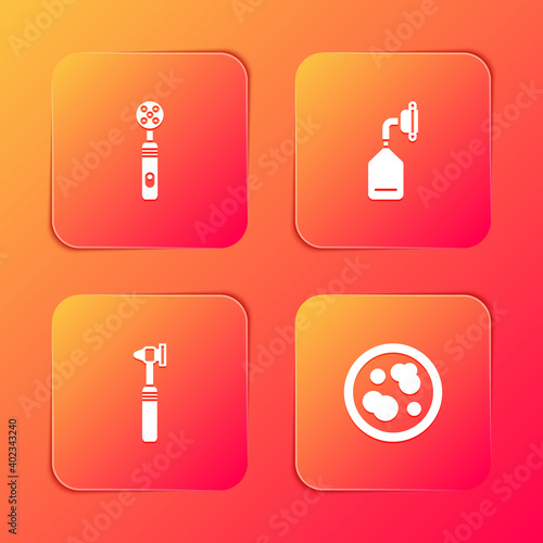 Set Electric toothbrush, Medical oxygen mask, otoscope tool and Petri dish with bacteria icon. Vector.