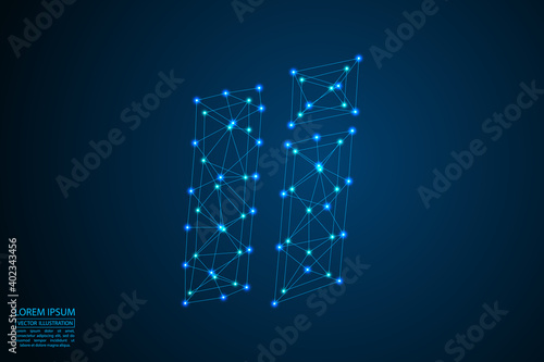 English letters abstract font consists 3d of triangles, lines, dots and connections. On a dark blue background cosmic universe stars, meteorites, galaxies. Vector illustration EPS 10.