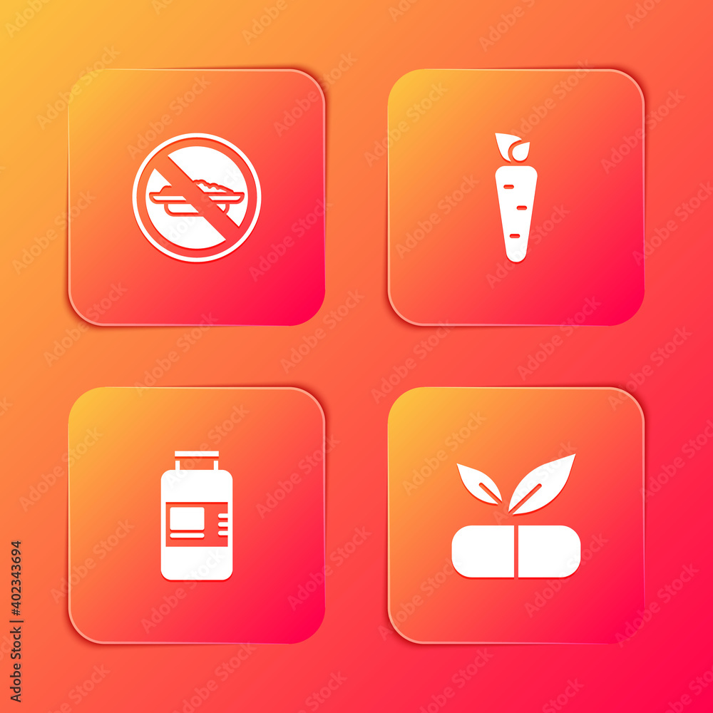 Set Food no diet, Carrot, Collagen serum and Medical pill with plant icon. Vector. Set Food no diet, Carrot, Collagen serum and Medical pill with plant icon. Vector.