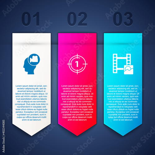 Set Head with camera, Old film movie countdown frame and Play Video. Business infographic template. Vector.