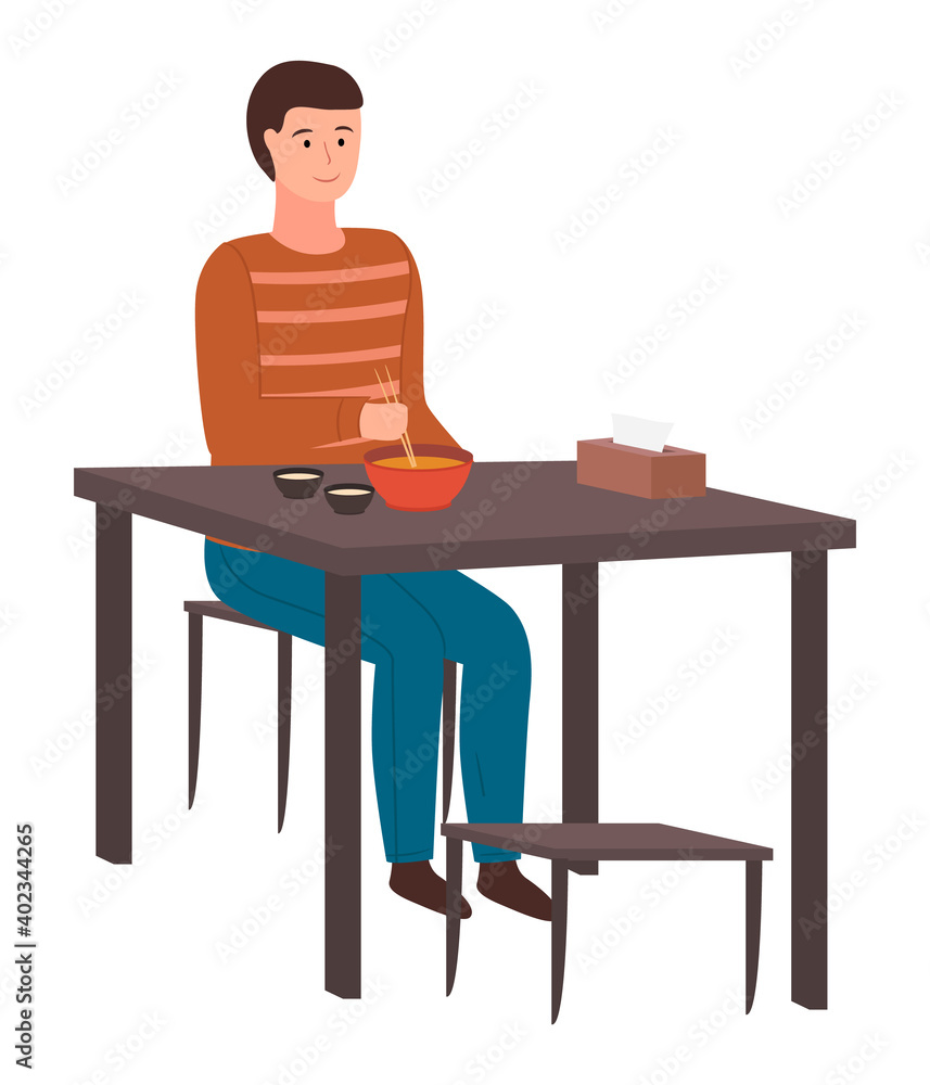Fototapeta premium Man sitting at table eating delicious japanese chinese food with wooden sticks. Isolated guy sitting in cafe or restaurant. Student eating soup with chinese chopsticks. Cartoon character eating