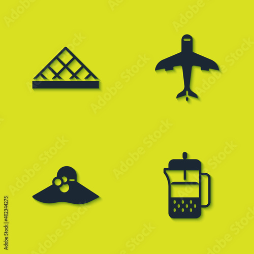 Set Louvre museum, French press, Elegant women hat and Plane icon. Vector.