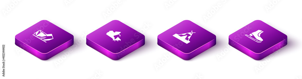 Set Isometric Royal Ontario museum, Canada map, Indian teepee or wigwam and Skates icon. Vector. Set Isometric Royal Ontario museum, Canada map, Indian teepee or wigwam and Skates icon. Vector.