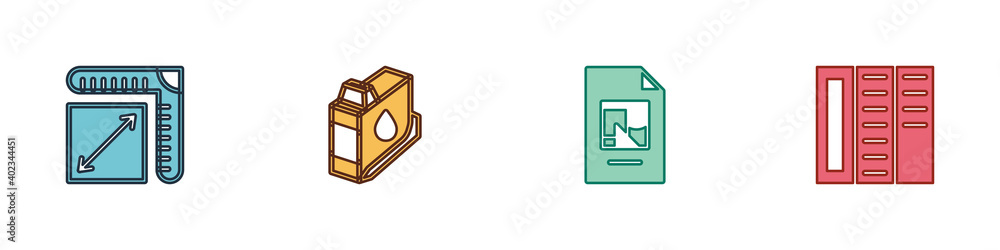 Set Paper size, Printer ink cartridge, File document and Brochure icon. Vector. Set Paper size, Printer ink cartridge, File document and Brochure icon. Vector.