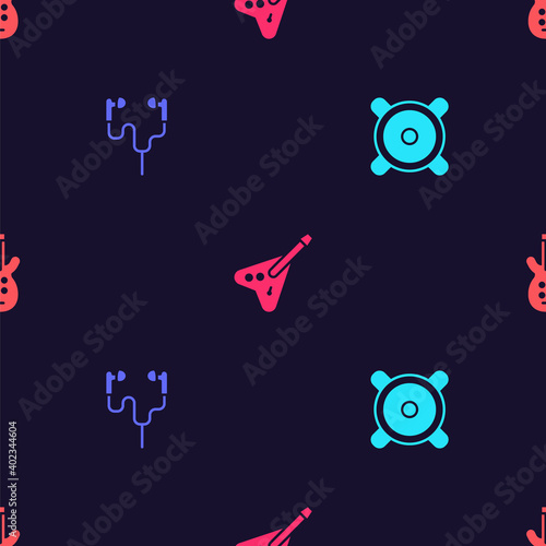 Set Stereo speaker, Air headphones, Electric bass guitar and on seamless pattern. Vector.