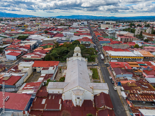 Beautiful Aerial view of the city of Heredia, its church and Park in Costa Rica photo