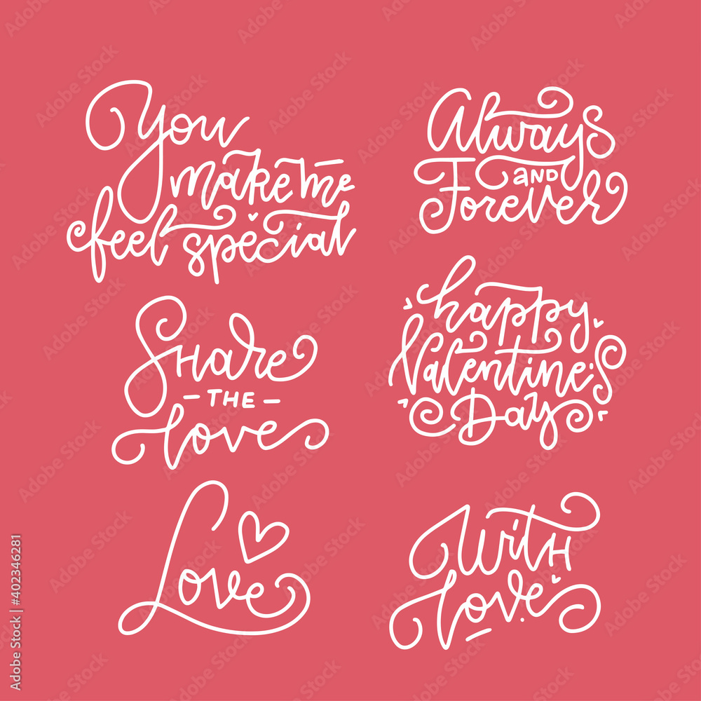 Happy Valentine's Day lettering. Set Of Calligraphic Quotes. Valentin Hand drawn Text Isolated On red Background. For Greeting Cards, Print Design. Vector linear Illustration Happy Valentine's Day lettering. Set Of Calligraphic Quotes. Valentin Hand drawn Text Isolated On red Background. For Greeting Cards, Print Design. Vector linear Illustration