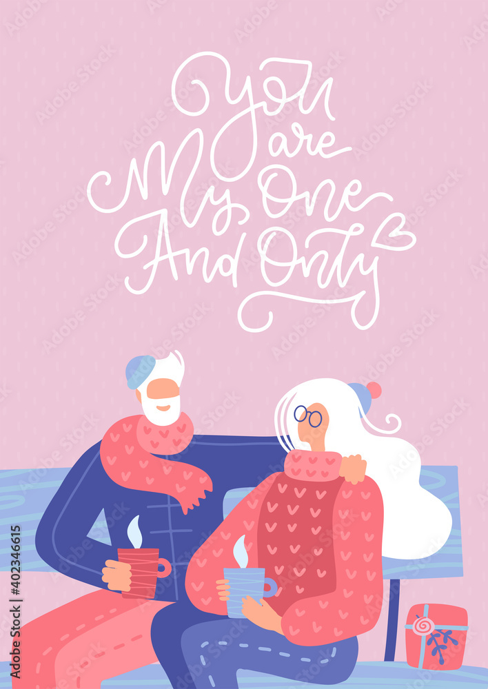 Senior couple in love. Elderly people sitting on bench together and drinking coffee or tea. Vector flat illustration with lettering quote - You are my one and only. Senior couple in love. Elderly people sitting on bench together and drinking coffee or tea. Vector flat illustration with lettering quote - You are my one and only.