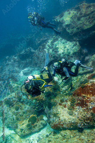 Group of divers swimming close to the bottom reef