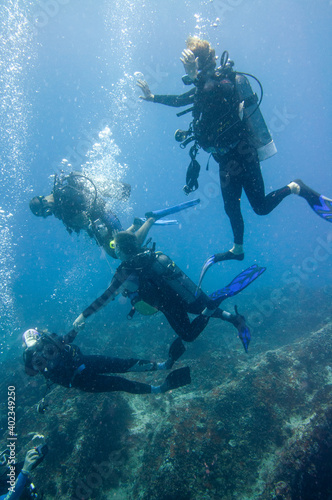 Group of divers swimming close to the bottom reef © MF1688