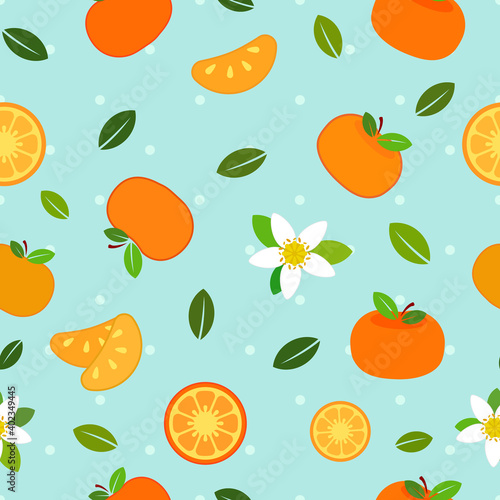 Fototapeta Naklejka Na Ścianę i Meble -  Tangerine orange and flowers, slices, guys and leaves, flat vector illustrations with tiny dots over sky blue background, seamless pattern
