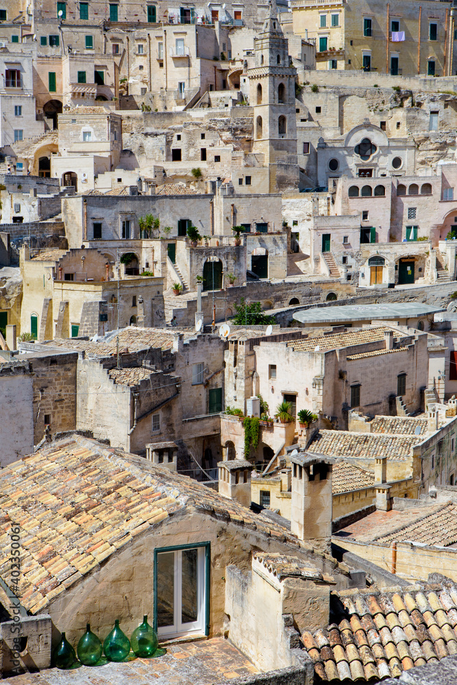 Beautiful Glimpse of a terrace and roof top pf the ancient stone city of Matera,  in the southern Italy, Unesco heritage city and  european capital 2018. Matera, Basilicata, Italy.